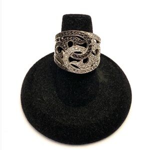 Sterling Silver Pave Rhinestone Yin Yang Ring Wide Band Size 6